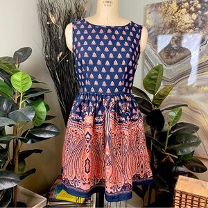Paisley Day Dress Boho International Navy Orange Party Length Dress Summer Small